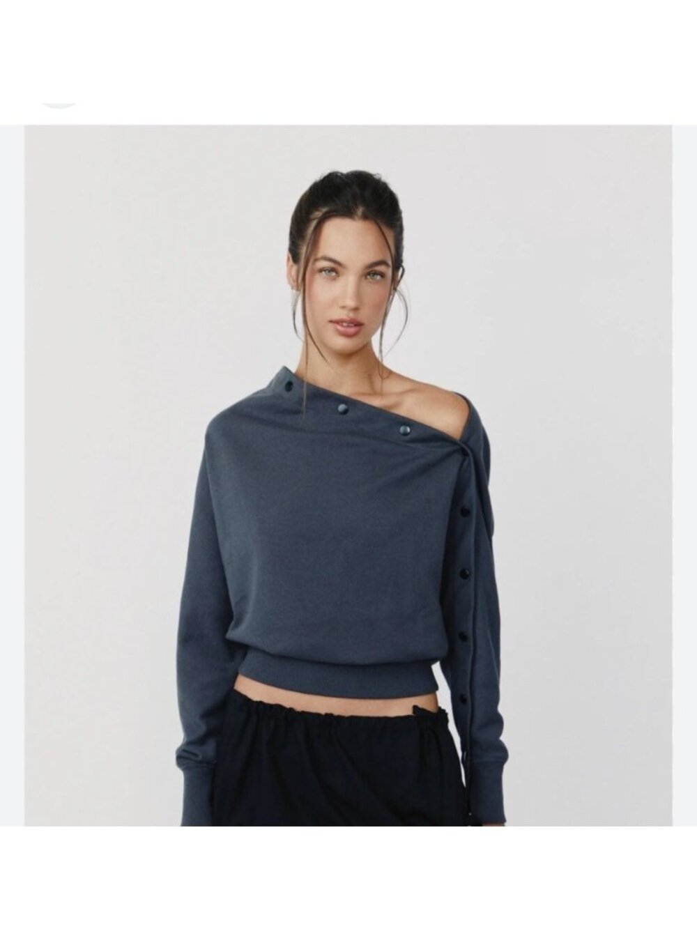 Rag & Bone Black Snap Button Off-The-Shoulder Sweatshirt Womens L 100% Cotton